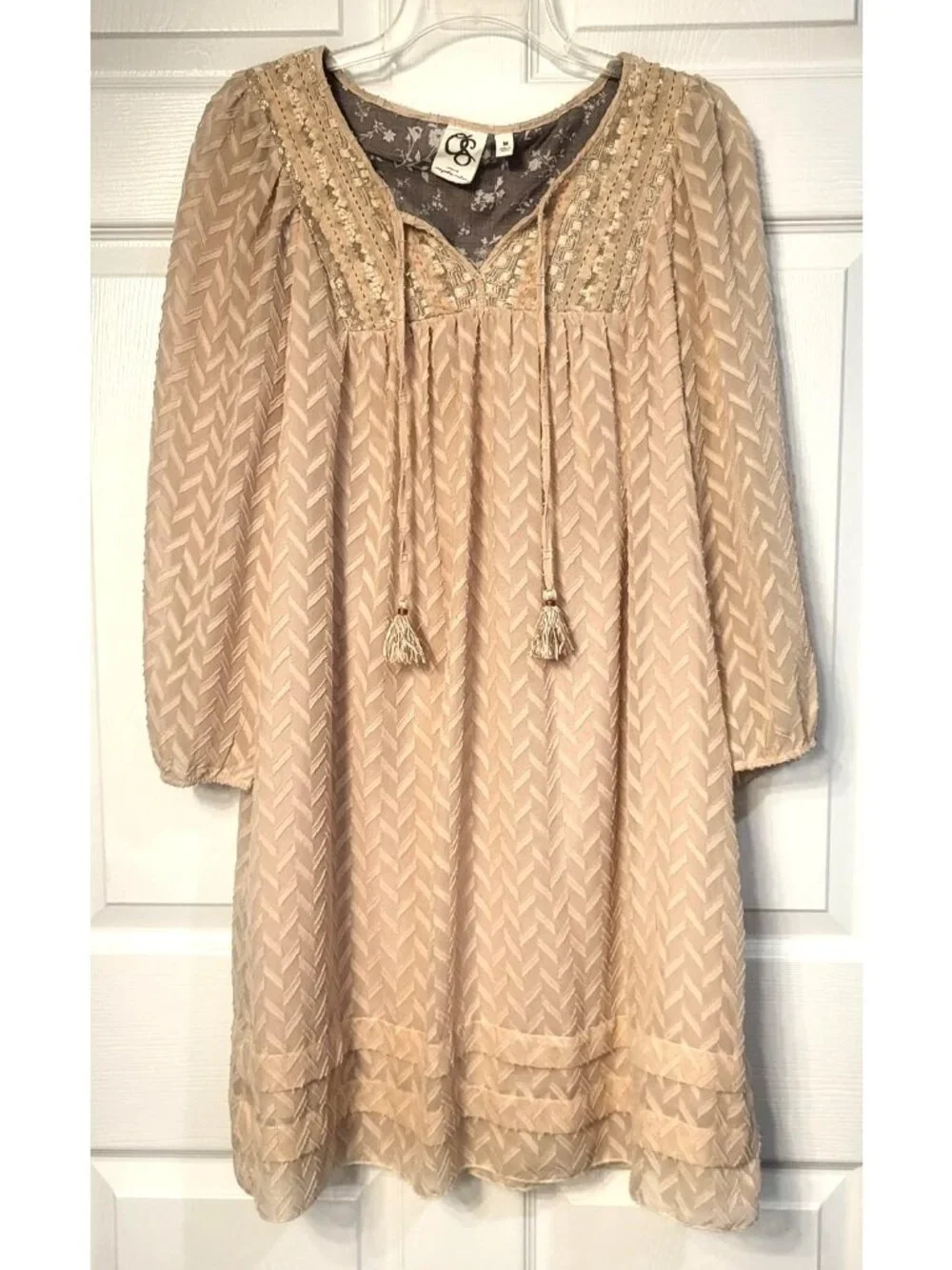 Anthro One September Anwen Pink Peasant Dress M Tassel Chevron Pattern Lace Boho